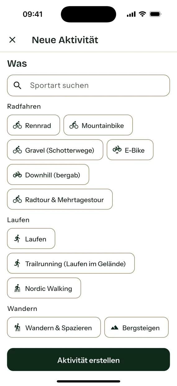 Das Formular „Neue Aktivität“ mit einem Suchfeld für Sportarten und Auswahlfeldern für Rennrad, Mountainbike, Gravel (Schotterwege), E-Bike, Downhill (bergab), Laufen, Trailrunning (Laufen im Gelände), Nordic Walking, Wandern und Bergsteigen.