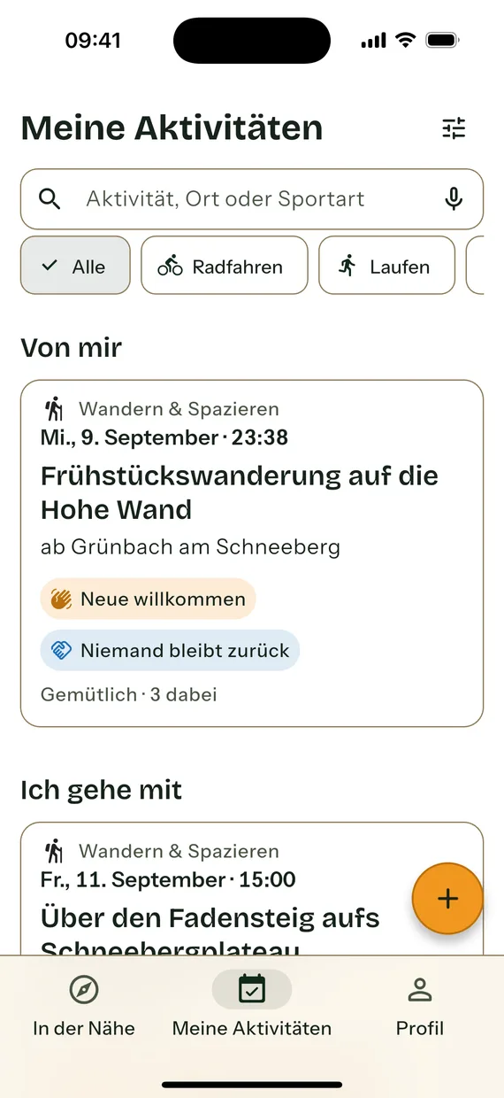 Die Seite „Meine Aktivitäten“ mit Suchfeld, Mikrofonschaltfläche, Filterchips und den Abschnitten „Von mir“ und „Ich gehe mit“.