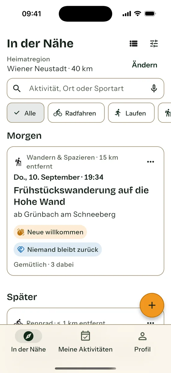 Die Startseite der App: Heimatregion Wiener Neustadt mit 40 Kilometern Umkreis, darunter eine Wanderung „Über den Fadensteig aufs Schneebergplateau“ ab Losenheim, mit dem Wegnamen Fadensteig und den Hinweisen „Neue willkommen“ und „Niemand bleibt zurück“.