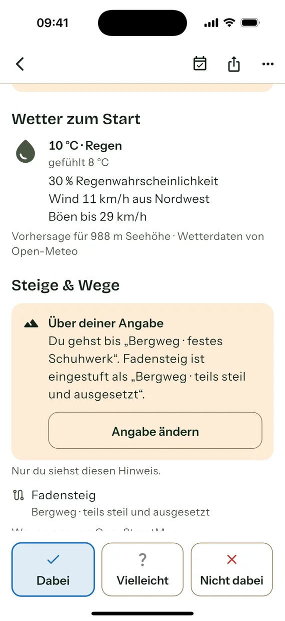 Ausschnitt einer Aktivität: „Vorhersage für 988 m Seehöhe · Wetterdaten von Open-Meteo“, darunter „Steige & Wege“ mit dem Fadensteig als Bergweg, teils steil und ausgesetzt, und eine Karte, auf der der Steig von Losenheim über den Festenkogel hinauf als Linie eingezeichnet ist.